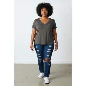 Nordstrom Caslon Women's Short Sleeve Raw Edge V-Neck Charcoal  T-Shirt Size XXL